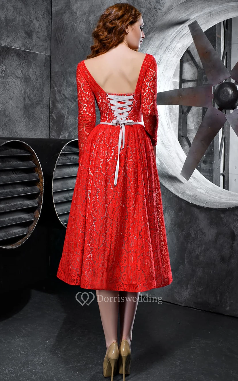 Sexy, wadenlanges Cocktailkleid aus Spitze mit U-Boot-Ausschnitt und Schärpe view 2