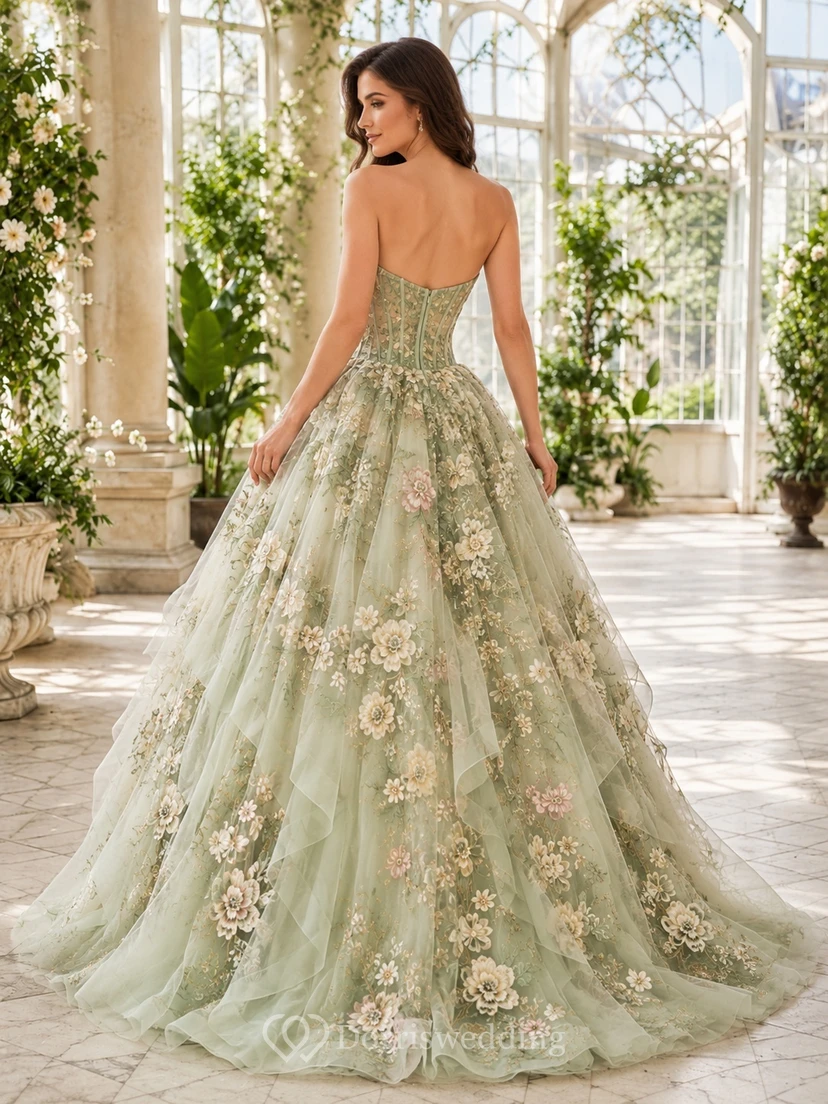 Sage Multicolor Floral Strapless Sweetheart Applique Tulle Ball Gown Sweep Train Dress view 2