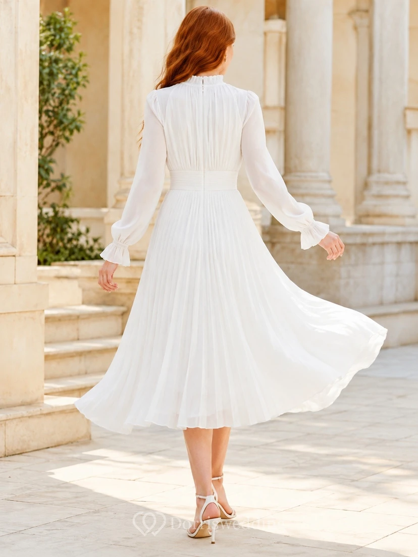 White High Neck Long Sleeve Pleated Tea Length A Line Dress view 2