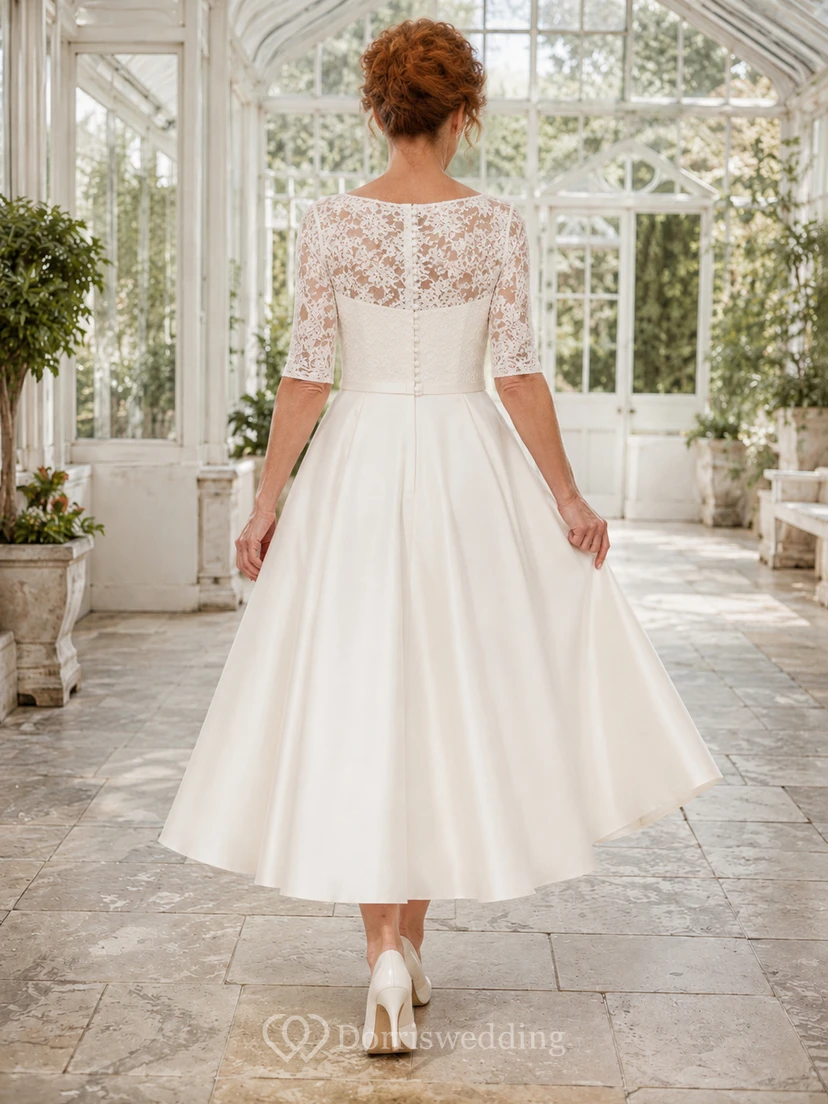 Vintage Brautkleid aus Satin, A-Linie, eckiger Ausschnitt, ärmellos, wadenlang view 2
