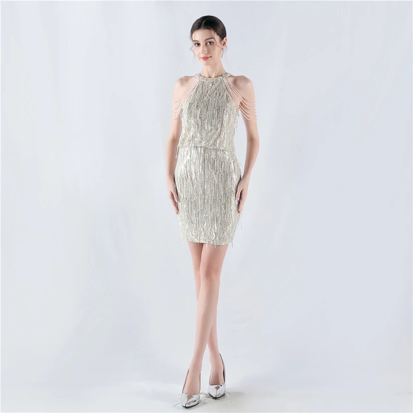 Tassel Sequined Halter Neck Beaded Sexy Hip-Wrapped Nightclub Short Dress view 10