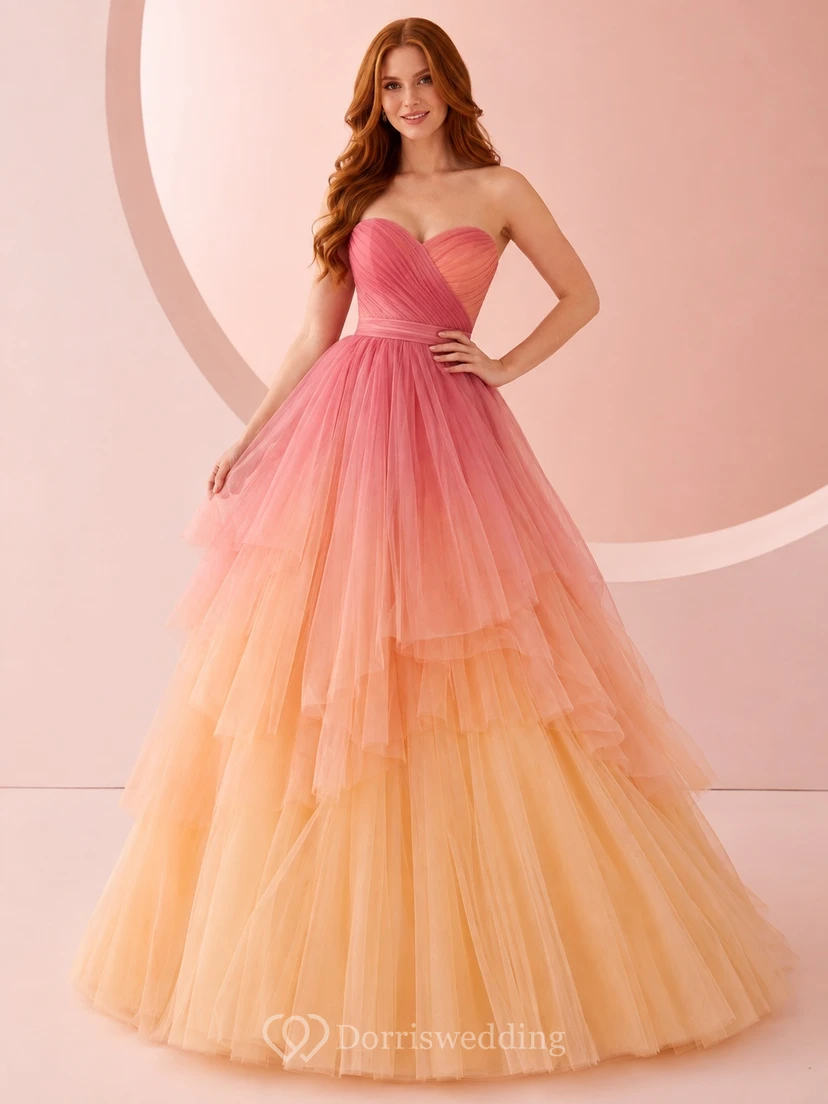Pink Yellow Ombre Tulle Sweetheart Layered Floor-length Ball Gown Formal Dress