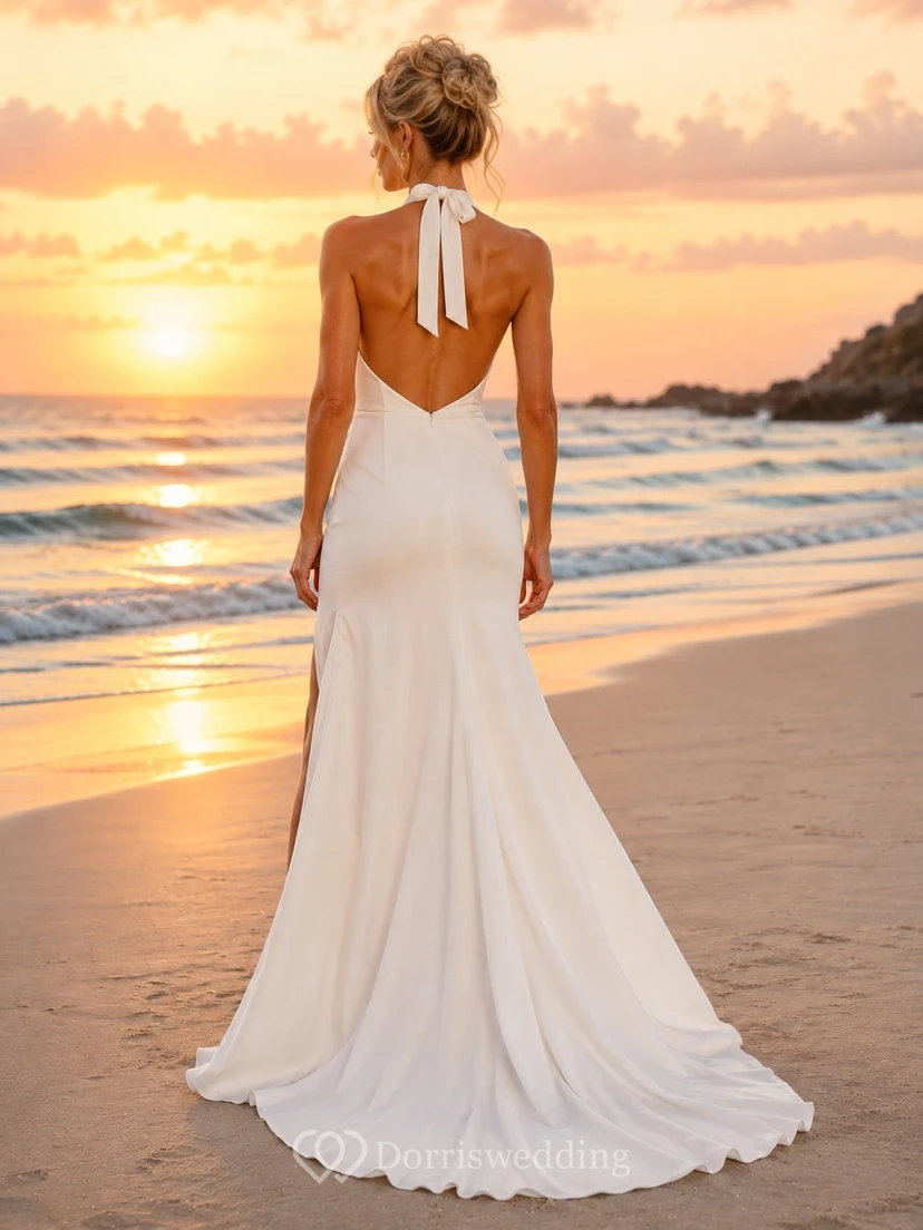 Vestido de novia formal de corte A con escote halter y cuello tipo bohemio, tallas grandes. view 2