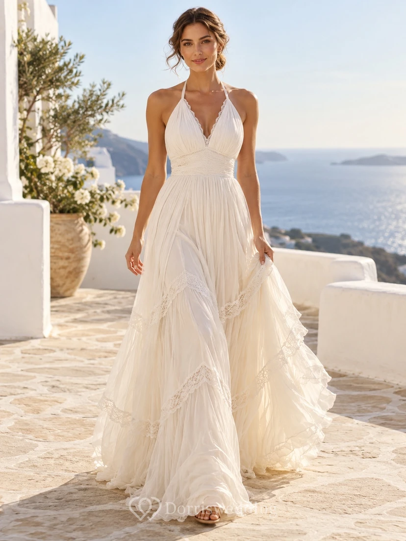 Boho Halter V-neck Tiered Lace Chiffon A-line Wedding Dress