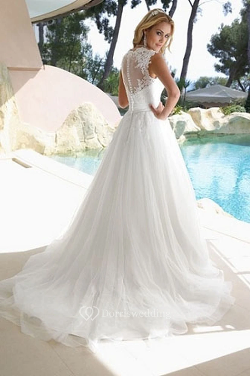 A-Line Queen Anne Tulle Wedding Dress With Illusion view 2