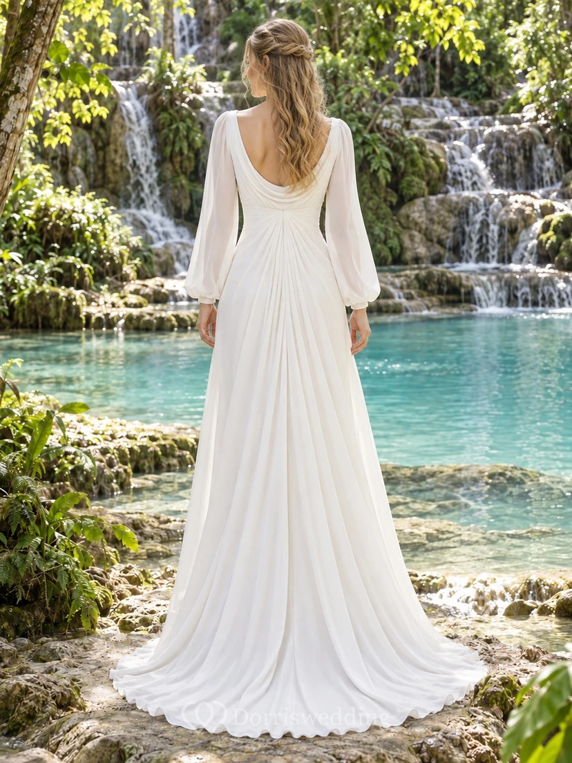 Schlichtes Brautkleid mit Wasserfallausschnitt, langen Ärmeln, drapiertem A-Linien-Schnitt und Schleppe view 2