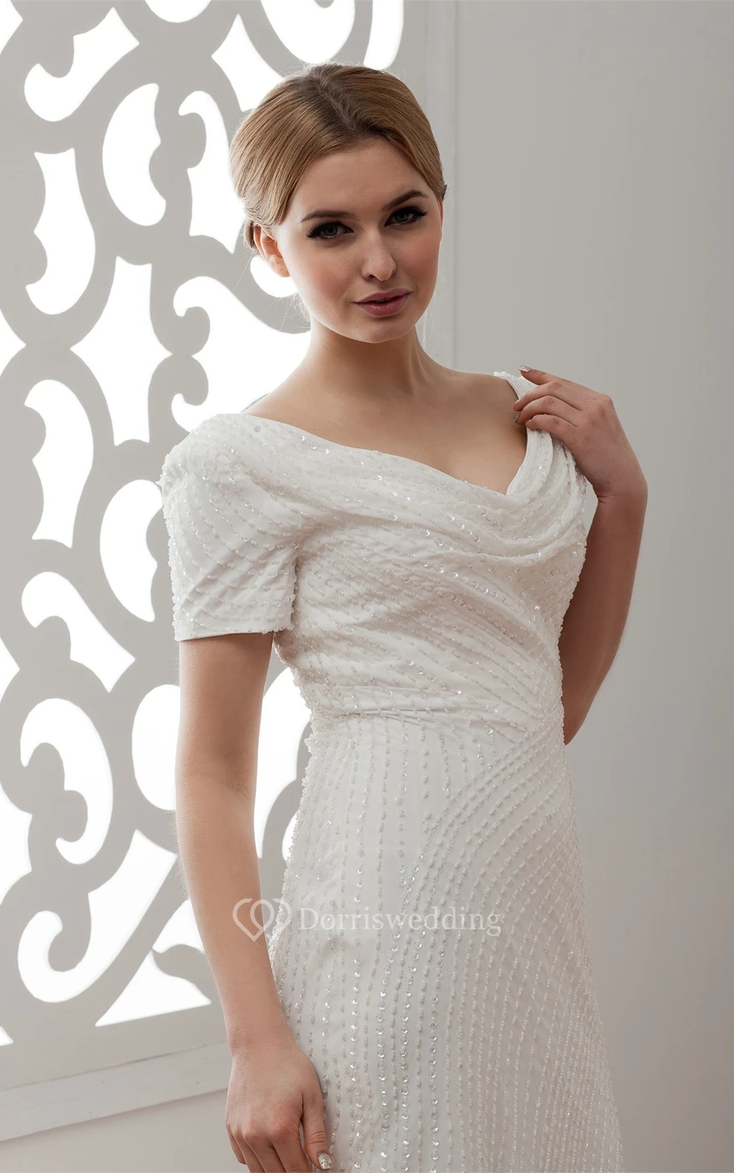 Mini-Sleeve Sheath V-Neck Sweep Train and Dress With Beading view 8