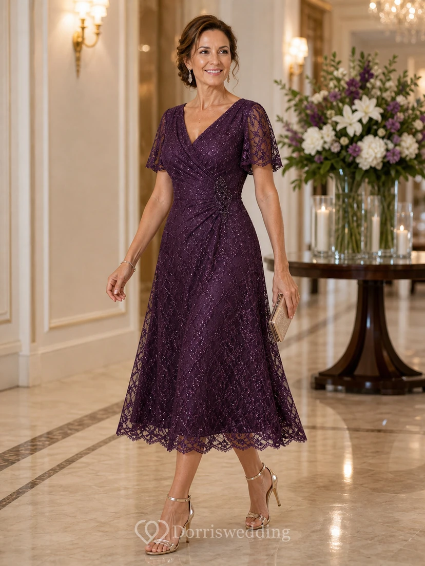 Vintage Mauve Lace Tea Length Mother Dress Vintage Mauve V-neck Sheath Tea-length view 8