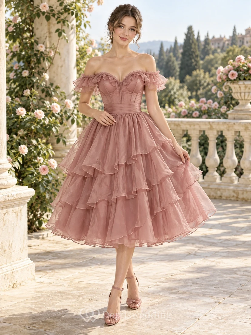 Tea-length Vintage Dusty Rose Off Shoulder Tiered Ruffle Prom Dress