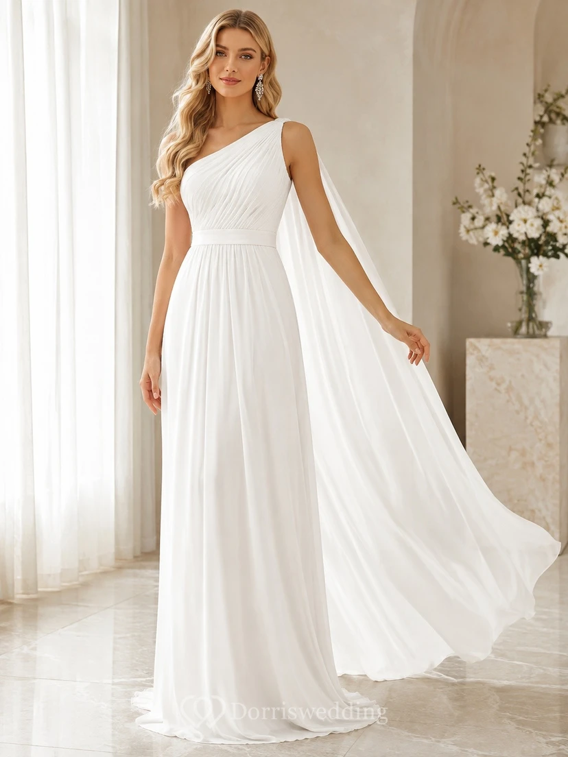 Vestido de novia de satén de un solo hombro, sin mangas, con capa y corte en A