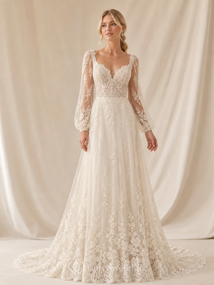 Vestido de novia modesto de manga larga, corte en A, escote en V, encaje floral y cola catedral.