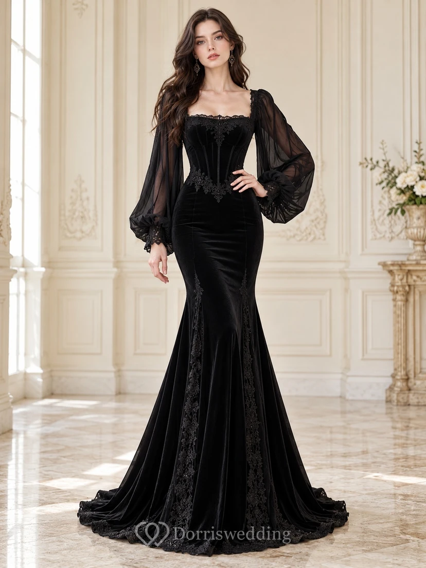 Black Gothic Square Neck Bishop Sleeve Velvet Mermaid Gown