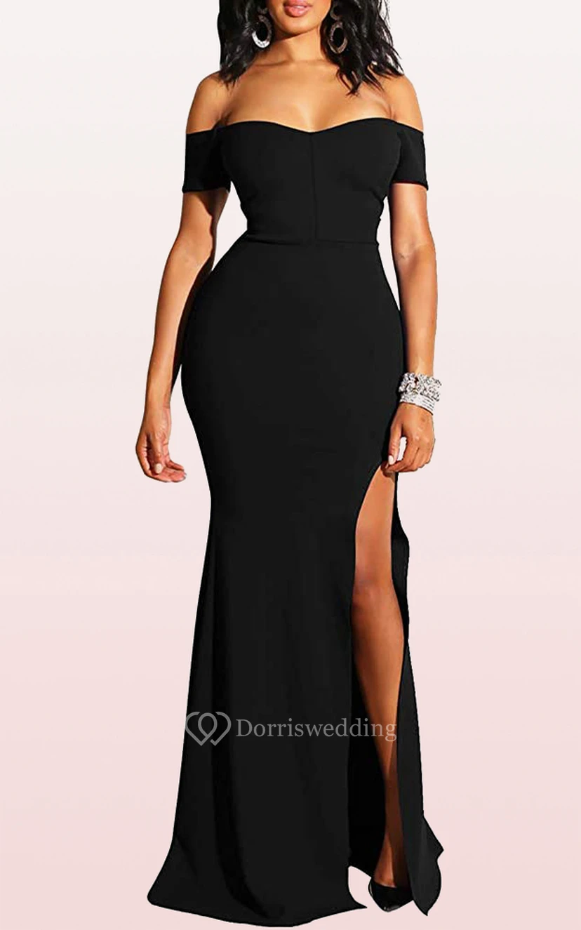 Modern Off-the-shoulder Jersey Mermaid Sleeveless Guest Formal Dress With Split Front view 2