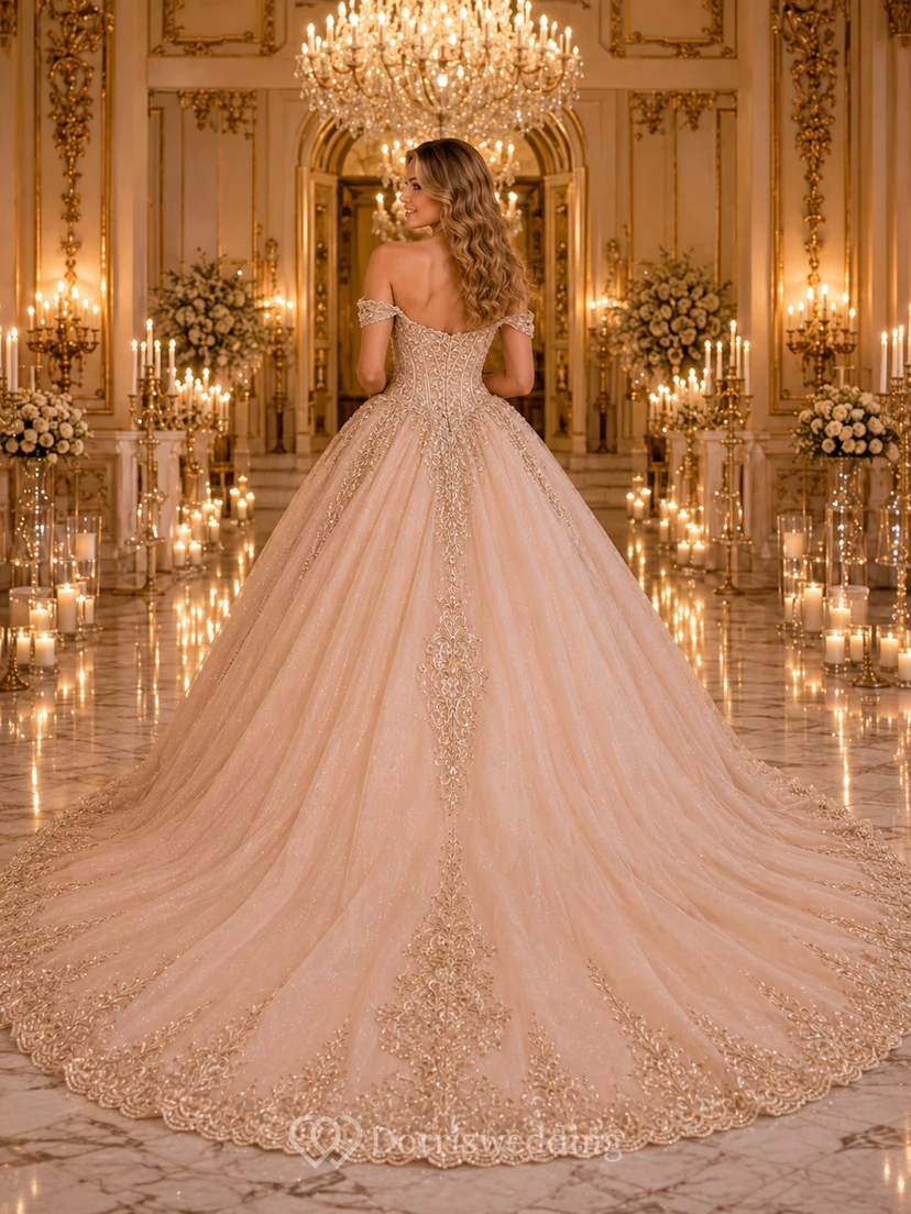 Vestido de quinceañera de encaje dorado con escote corazón, hombros descubiertos y cola catedral, iluminado con velas y color champán. view 2