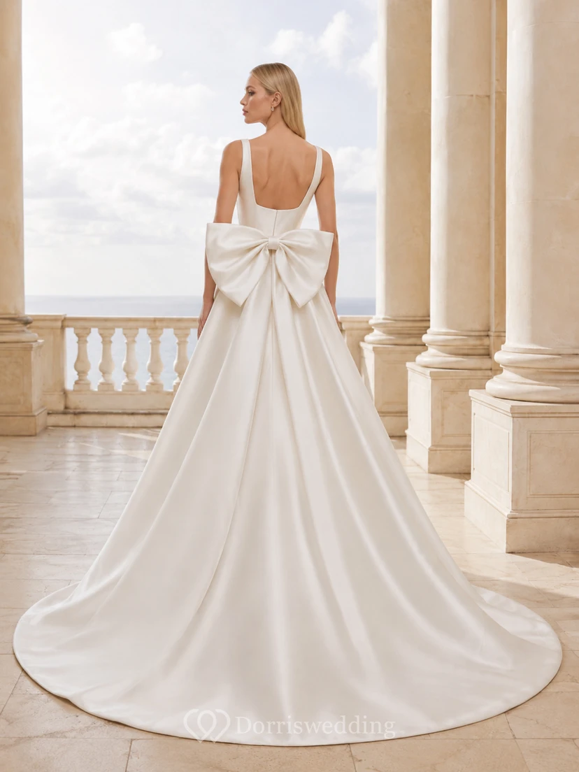 Robe de bal en satin à col carré et nœud surdimensionné, style moderne, avec traîne chapelle view 2