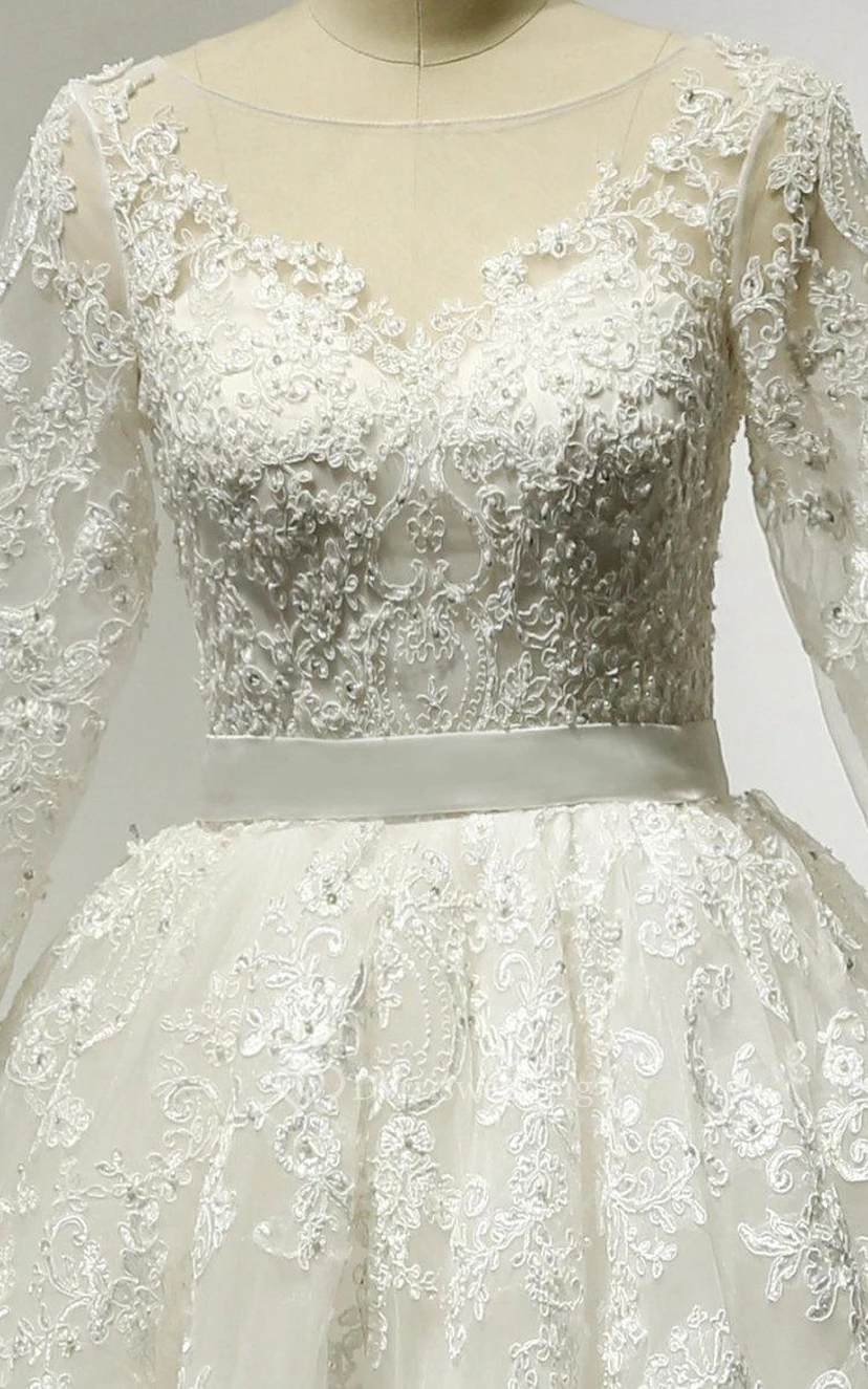 Lace and Tulle 3-4 Sleeve Bateau Neck Dress With Low-V Back view 2
