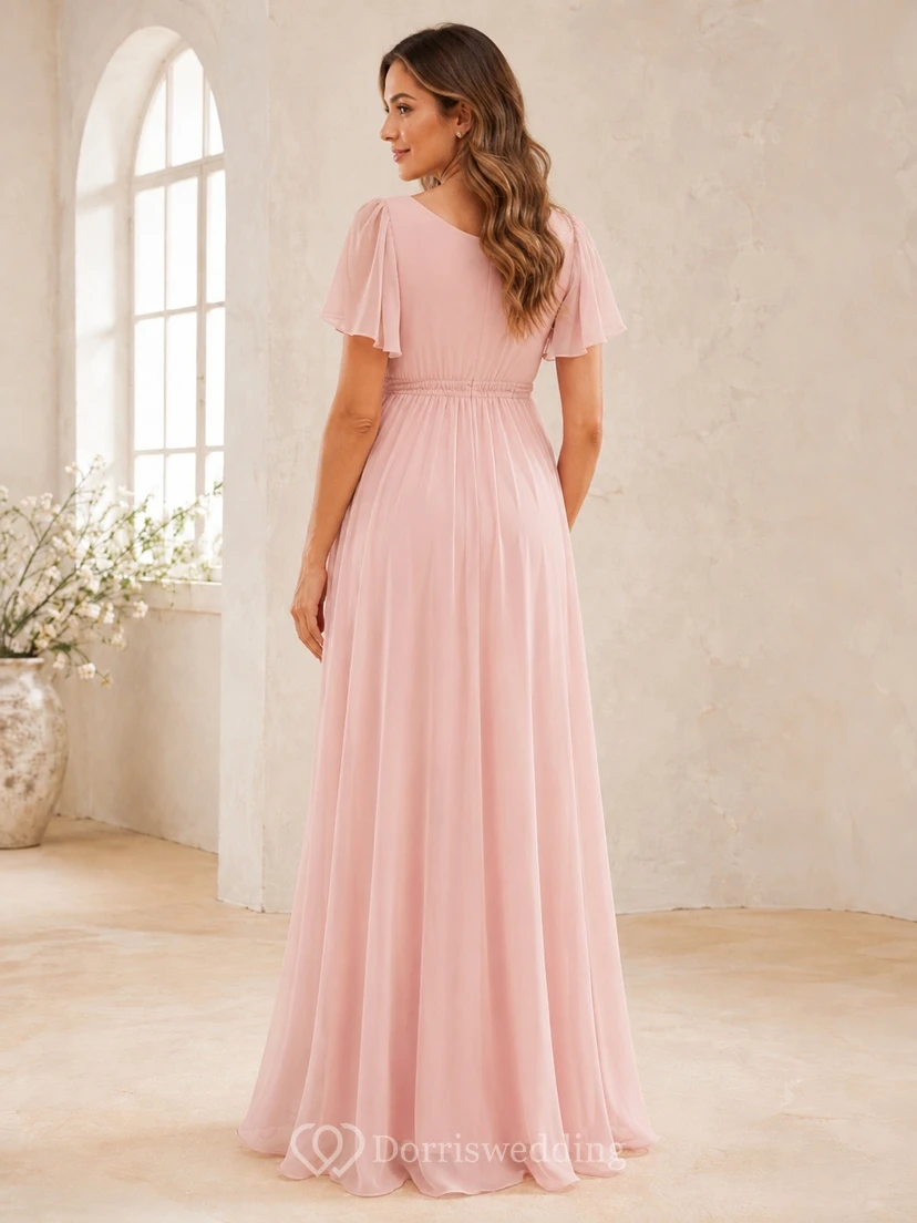 Umstandskleid in Blush mit V-Ausschnitt, flatternden Ärmeln und Empire-Schnitt, bodenlang view 2