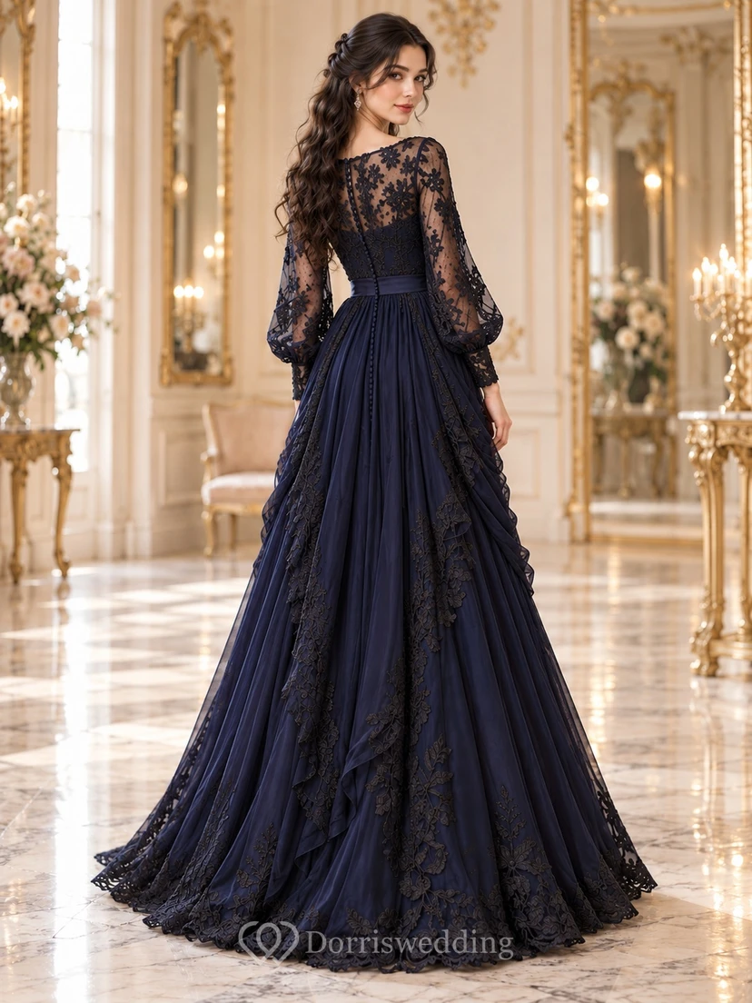 Gothic Victorian Dark Navy Bateau Lace Sleeve Long Guest Dress view 2