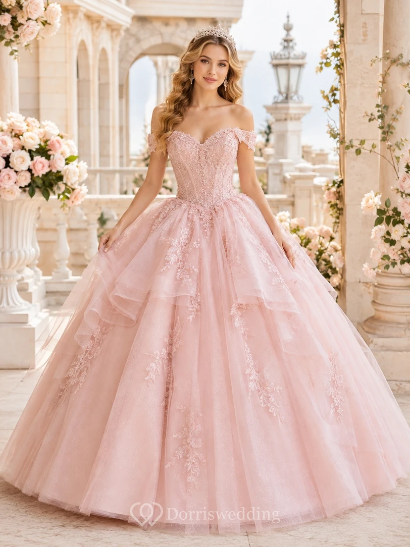 Pink Tulle Applique Off Shoulder Ball Gown Sweetheart Floor Length Quinceanera Dress