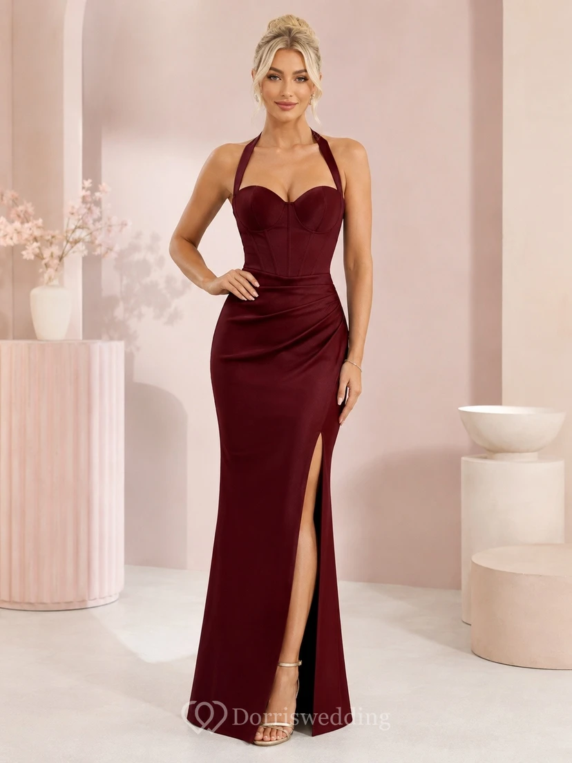 Elegante vestido de novia largo hasta el suelo, de terciopelo burdeos, sin mangas y con un solo hombro, estilo sirena.