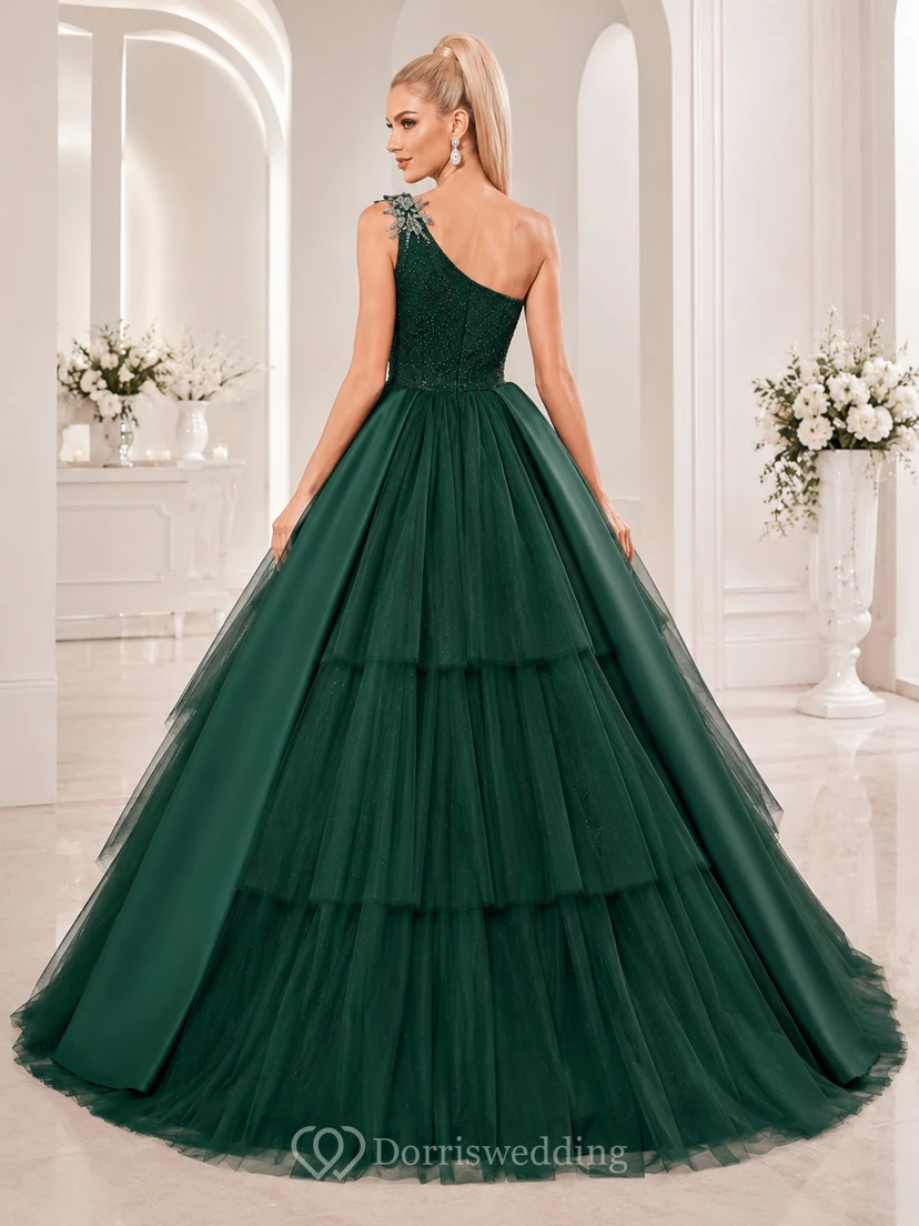 Dunkelgrünes, schulterfreies, gestuftes Ballkleid aus Glitzertüll mit asymmetrischem Saum für Quinceañera-Feiern view 2