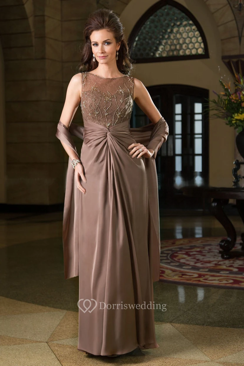 Sleeveless Bateau-Neck Gown With Matching Shawl And Beadings