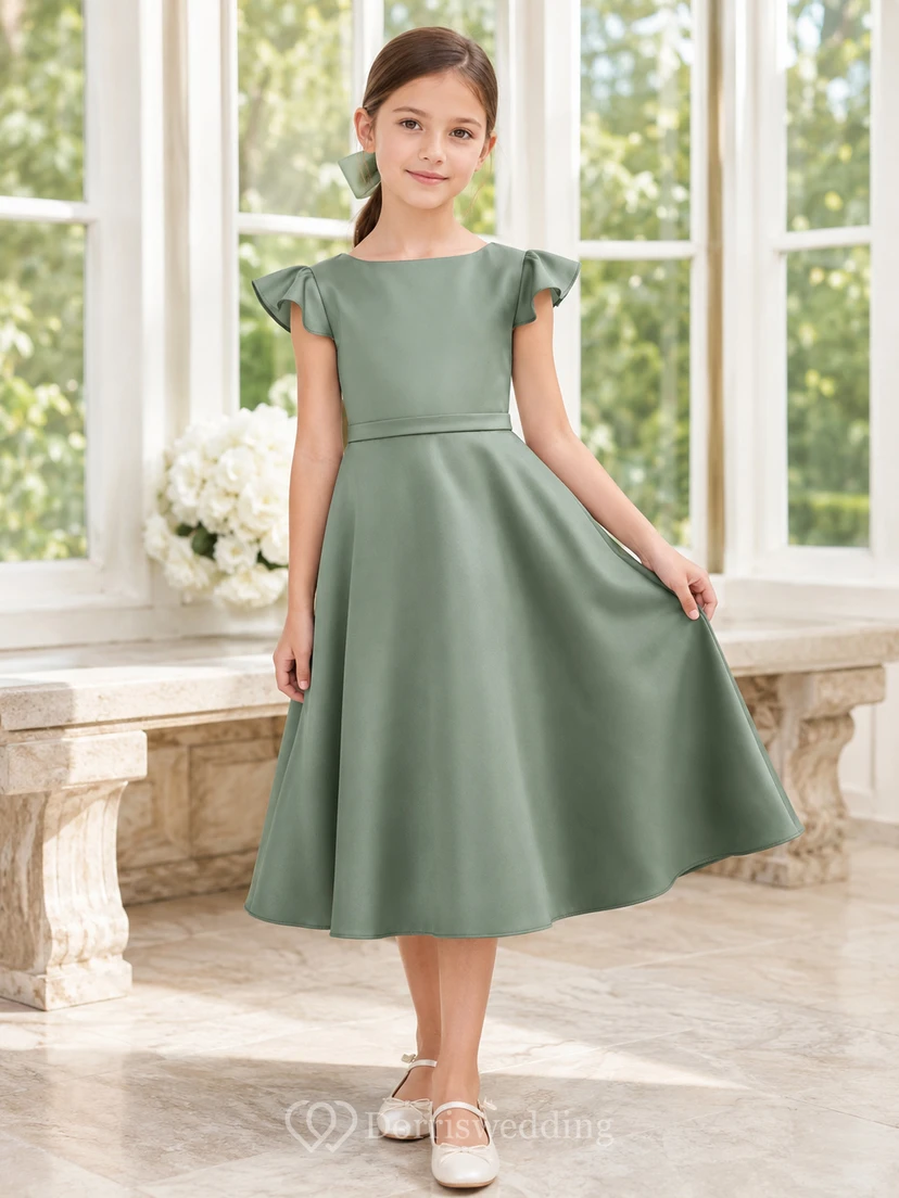 Modern A-Line Flower Girl Dress with Jewel Neck Petal Sleeves Sage Satin Garden Reception