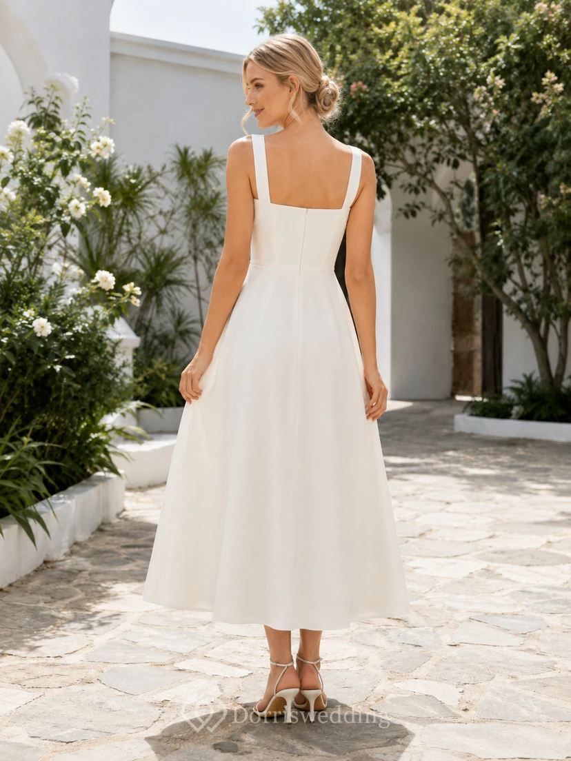 Vintage Chiffon-Hochzeitskleid, A-Linie, eckiger Ausschnitt, ärmellos, wadenlang view 2