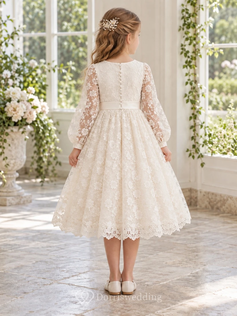 Tea-length Long Sleeve Cream Floral Jewel Bishop Cuff Scalloped Lace Satin Sash Button Flowergirl Dress view 2