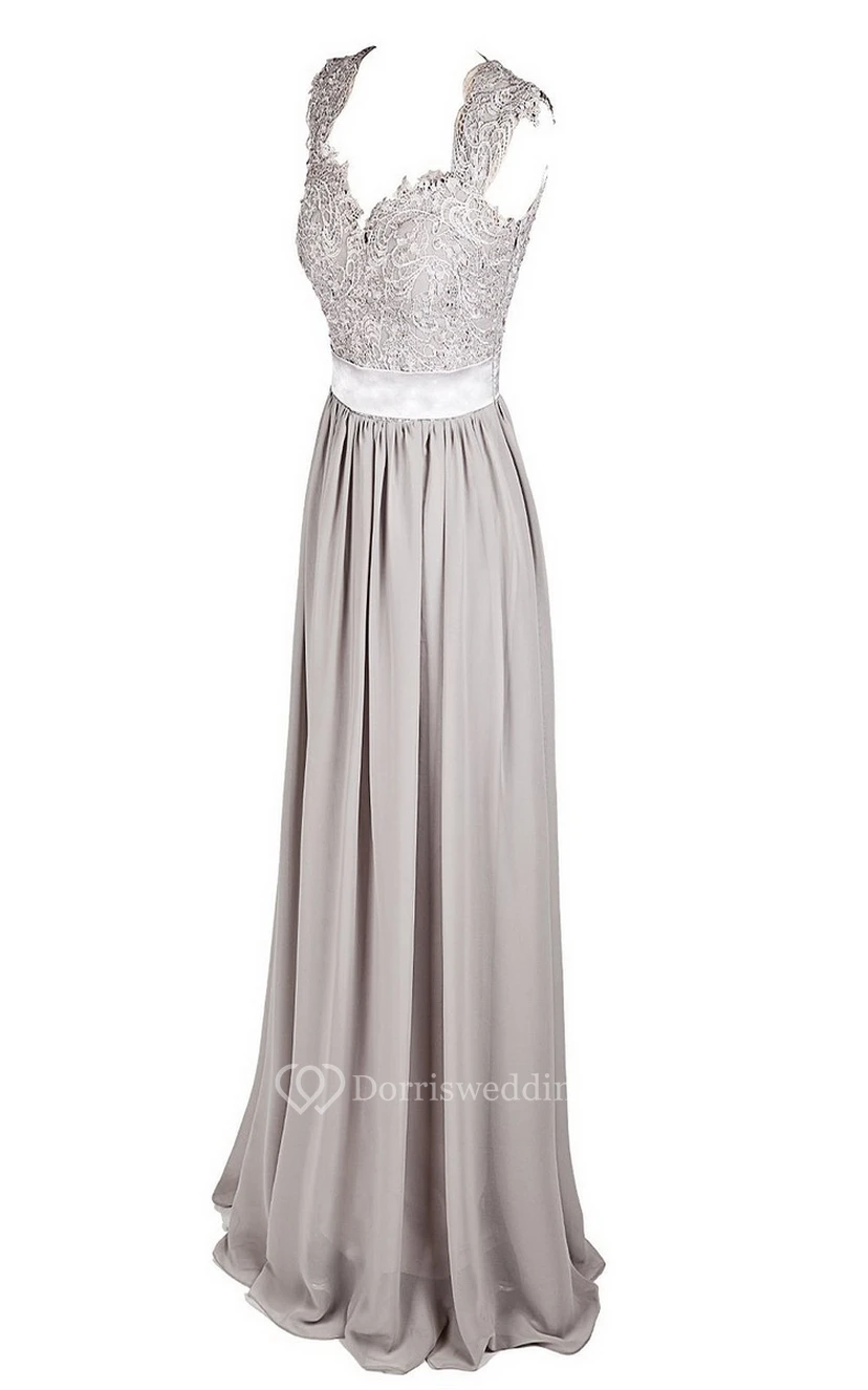 V-neck Long Ruffled Gown With Embroidered Bodice view 2
