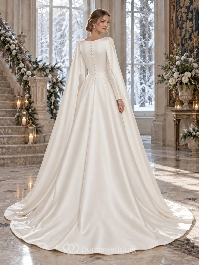 Vestido de novia sencillo y modesto de corte A con capa y cuello barco, manga larga, de satén y manga larga, ideal para invierno. view 2