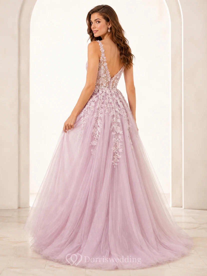 Blush V Neck Applique Tulle High Slit Prom Dress view 2