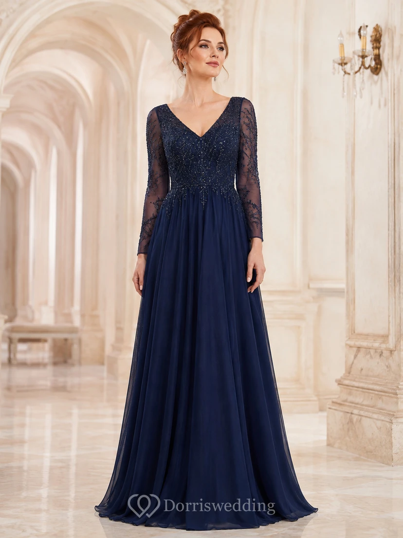 Vestido largo de corte A con escote en V, mangas largas, encaje floral con cuentas y espalda baja en V, color azul marino oscuro.