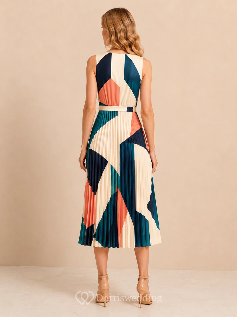 Vestido midi plisado de corte A con escote halter geométrico en azul marino y coral view 2