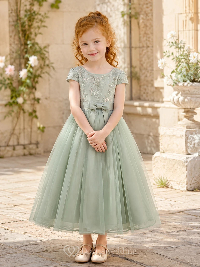 Robe Sage Flower Girl en tulle et dentelle, coupe trapèze, col rond, manches courtes et nœud, longueur thé
