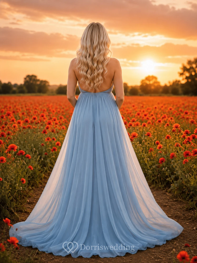 Maternity Sky Blue Halter Chiffon Flower Field Gown view 2