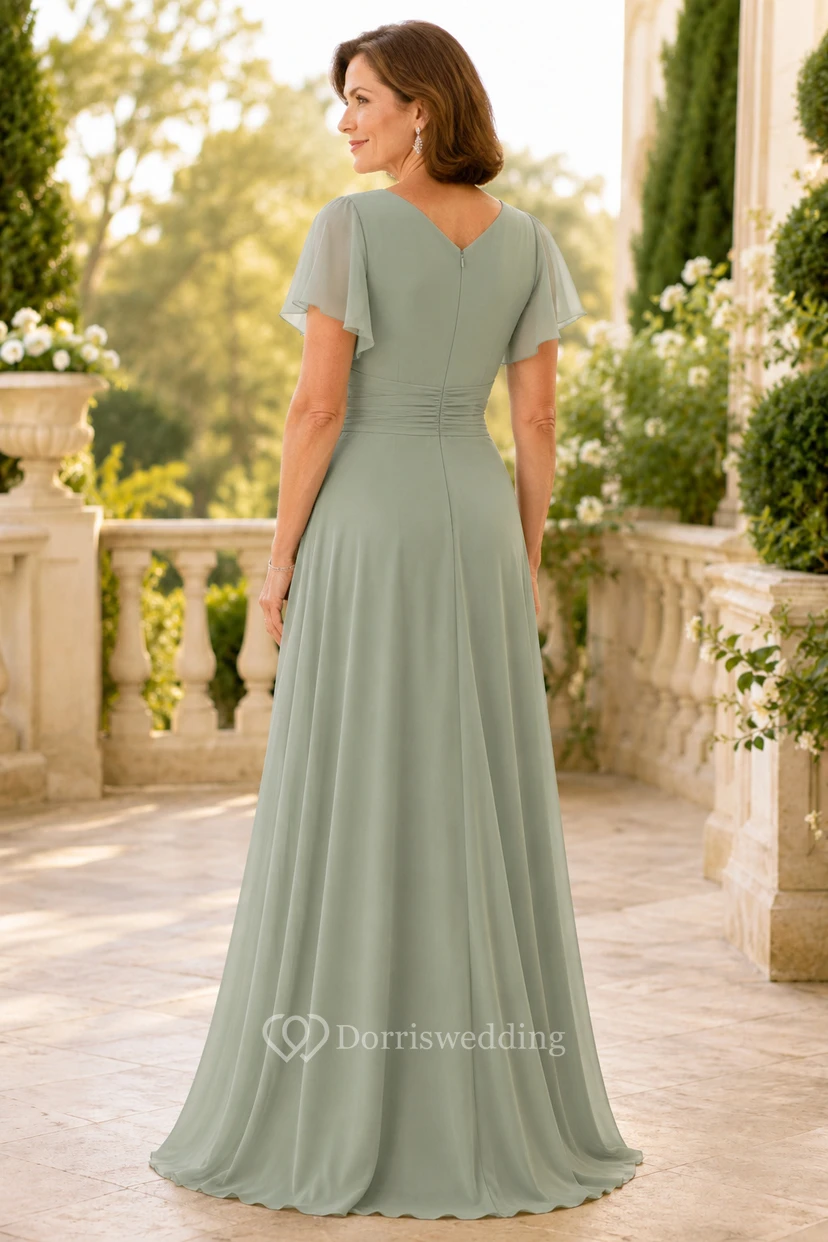 Salbeigrünes Chiffon-Kleid in A-Linie mit V-Ausschnitt und Volantärmeln view 2