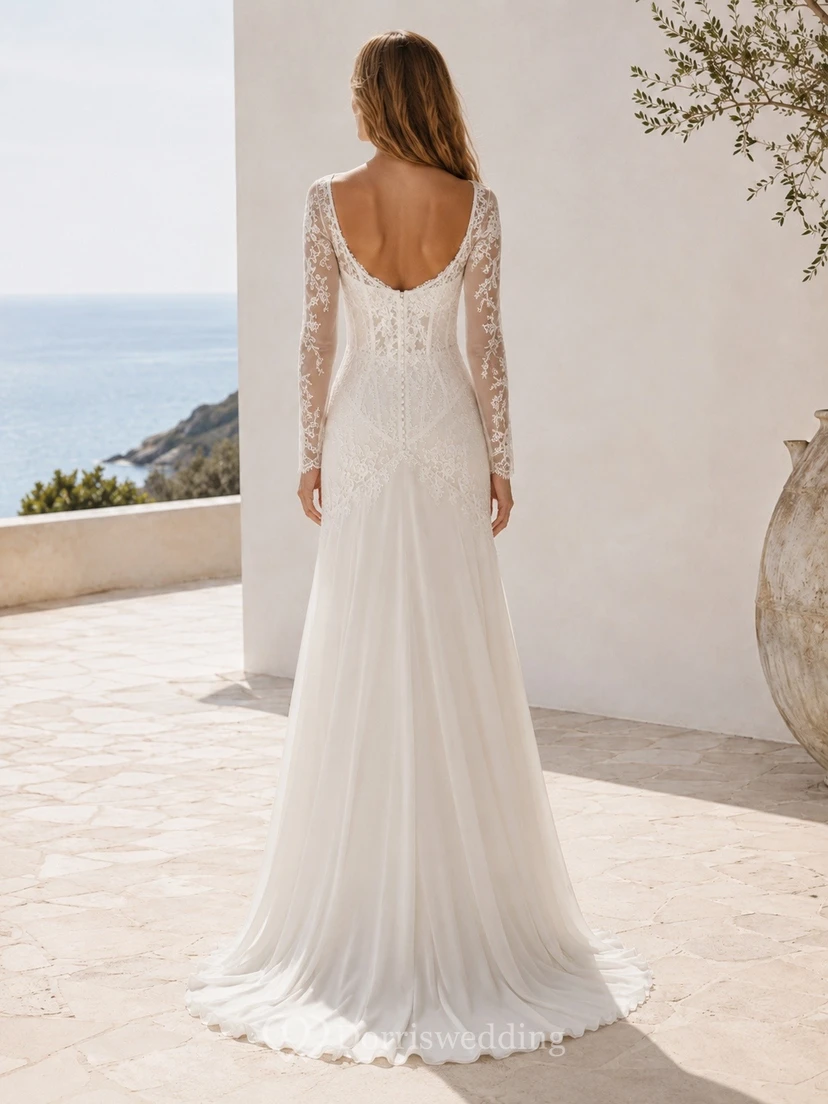 Vestido de novia bohemio de manga larga estilo tubo con cintura baja y encaje view 2