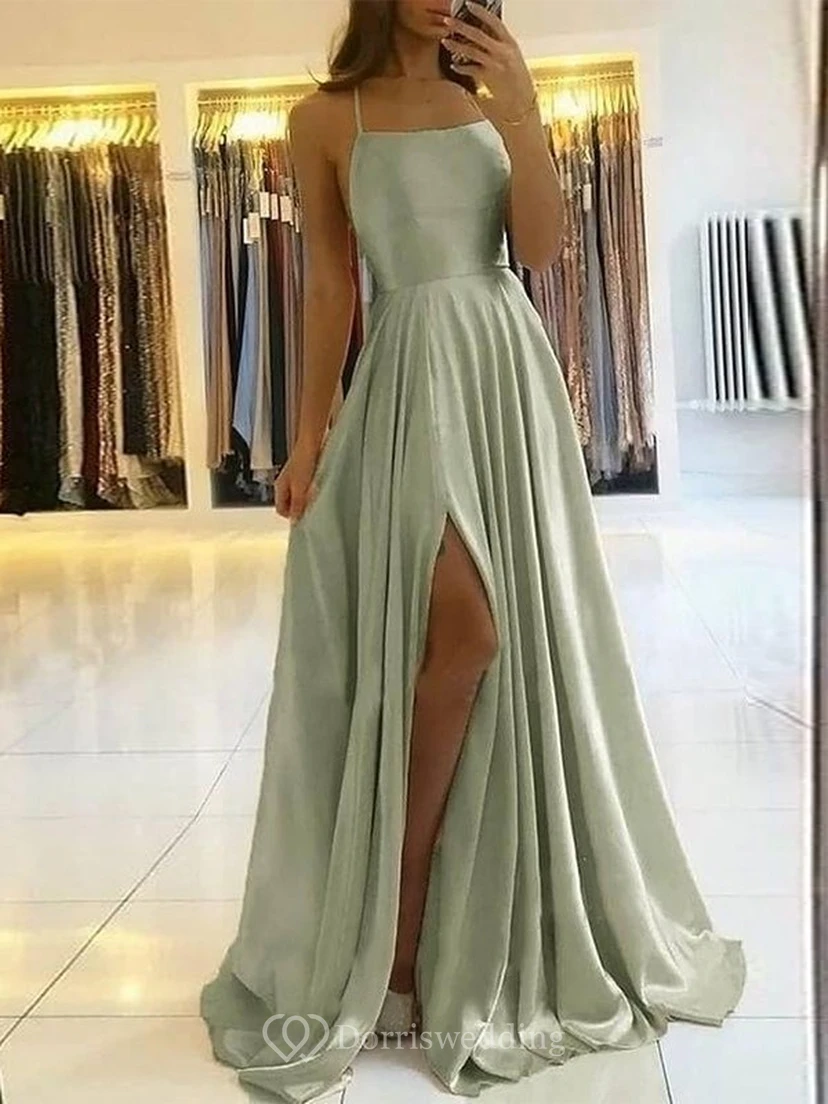 Spaghetti-grünes Empire-Abendkleid in A-Linie mit Schlitz vorne