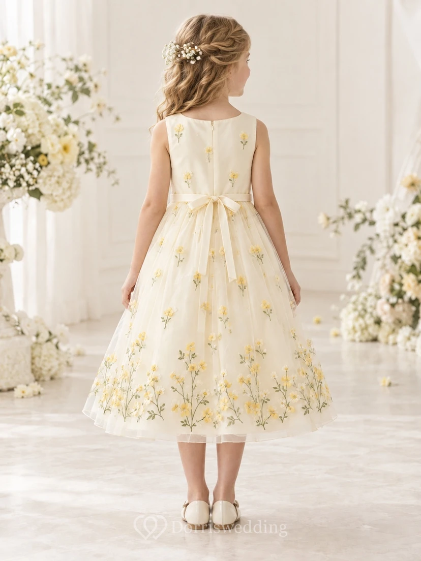 Tea-length Cream Sleeveless Scoop Yellow Floral Embroidered Bow Sashed Tulle Flowergirl Dress view 2