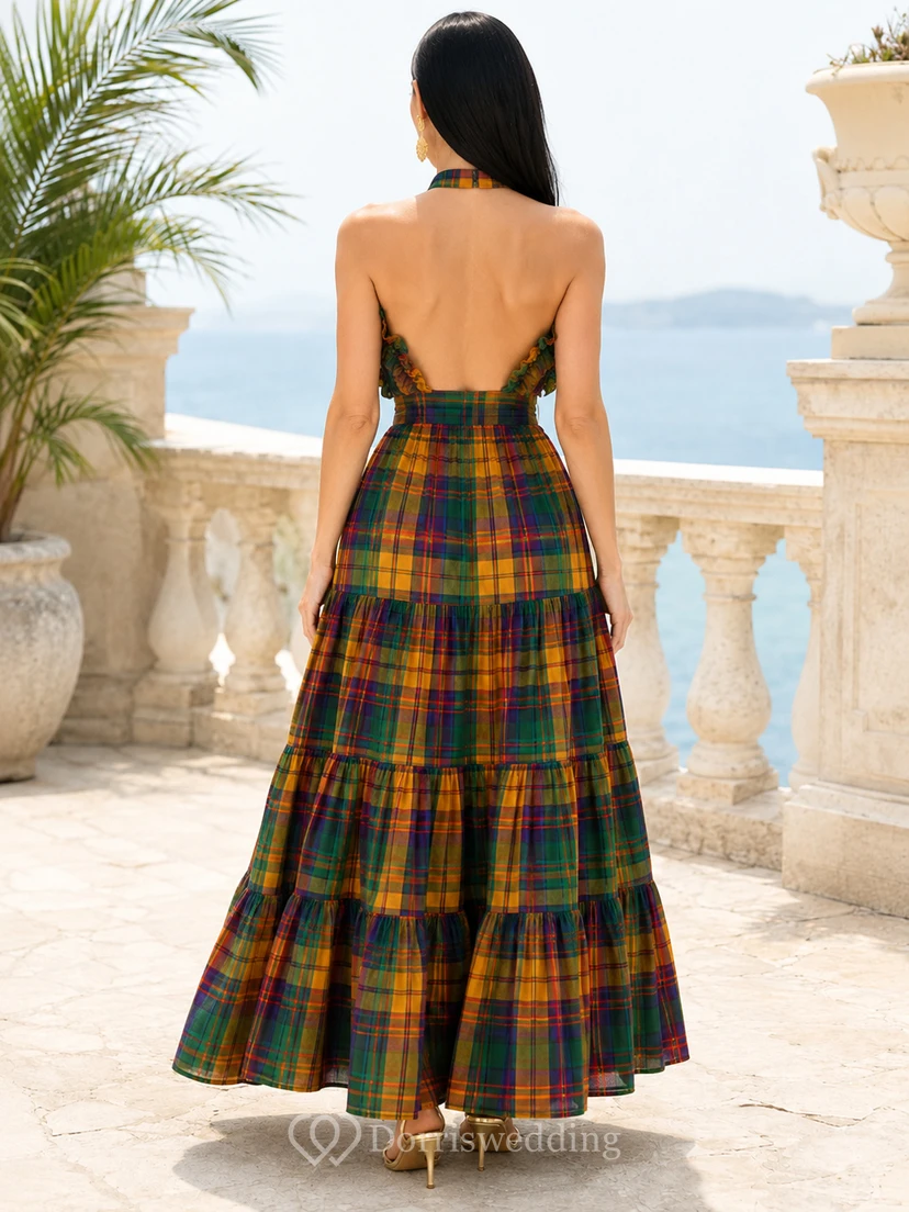 Dunkelgrünes Madras-Sommerkleid in A-Linie, bodenlang, mit Neckholder und Stufenrock view 2