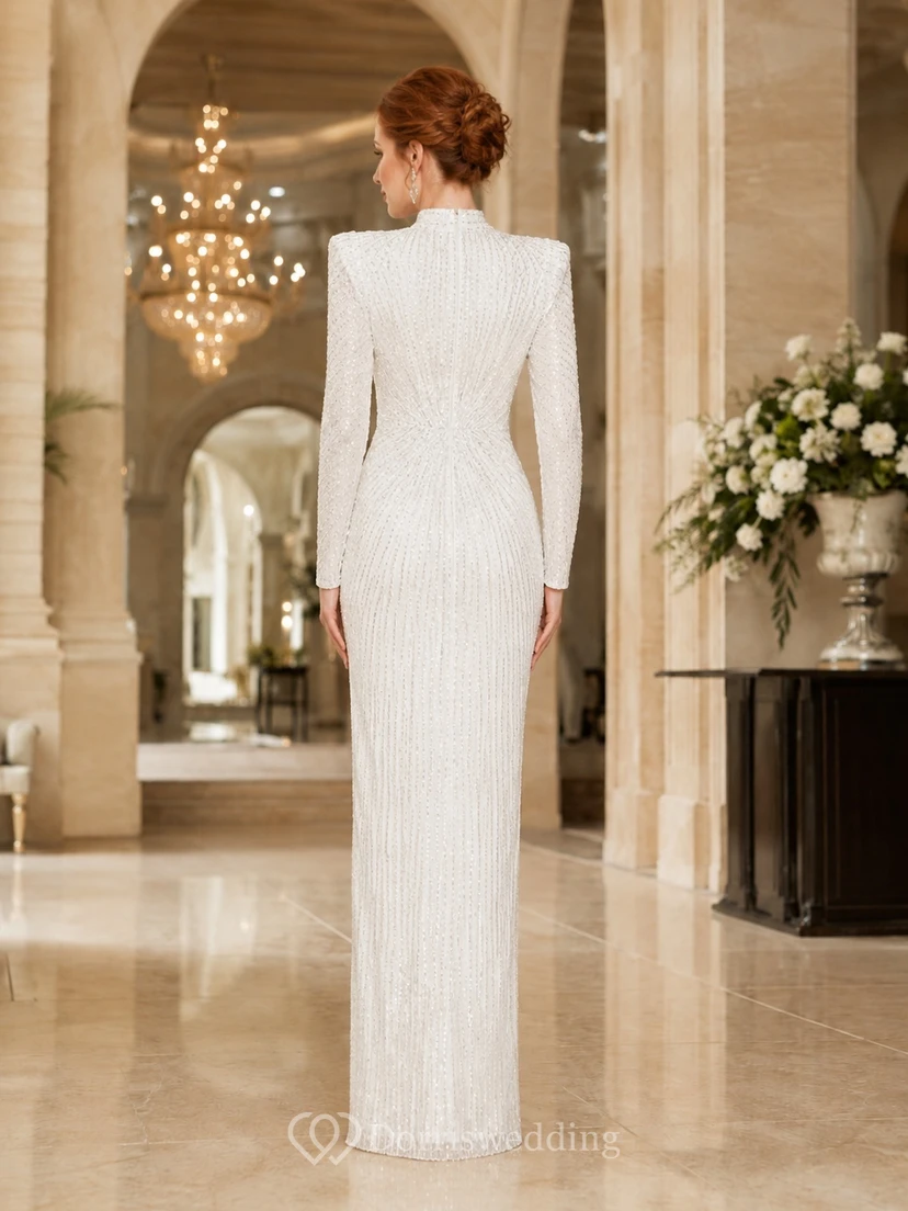 Modest Sparkling High Neck Long Sleeve Sequin Sheath Floor-Length Evening Gown view 2