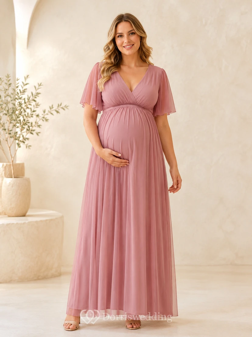 Vestido de maternidad largo hasta el suelo, color rosa empolvado, con escote en V, manga corta, pliegues de pétalos de gasa, corte imperio y silueta en A.