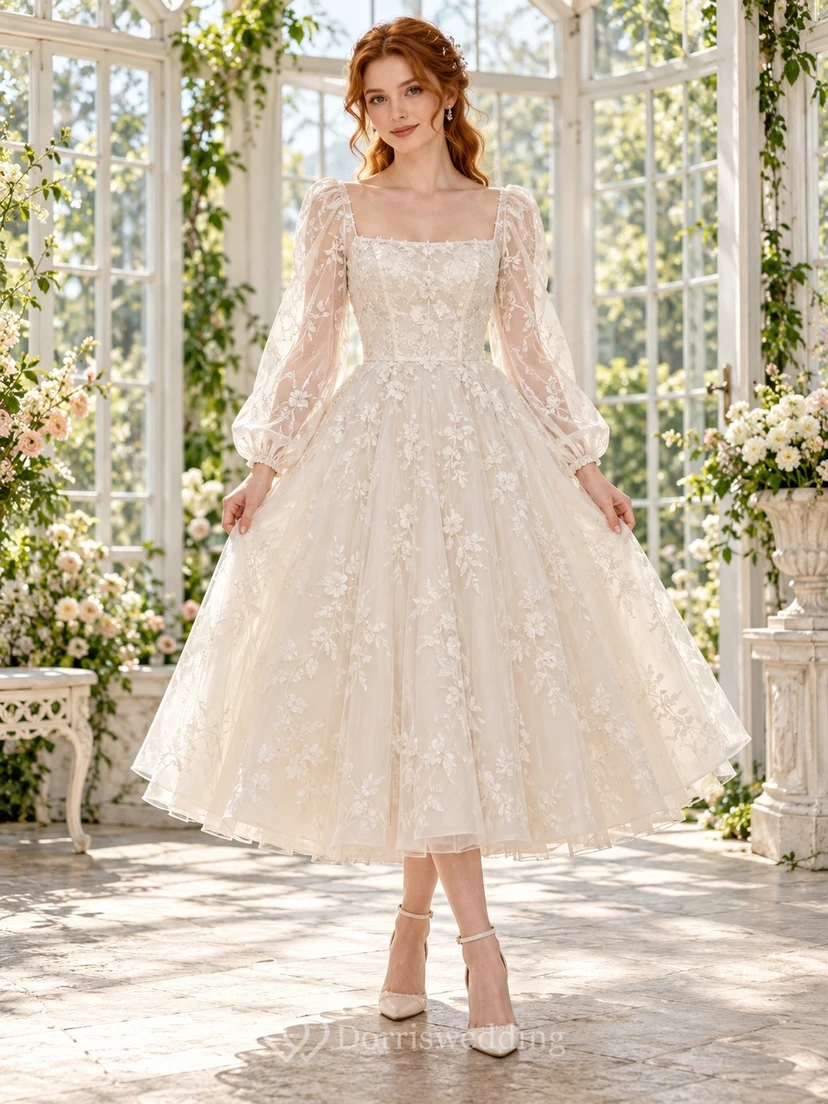 Tea-length Square Neck Long Sleeve Floral Lace A-line Wedding Dress