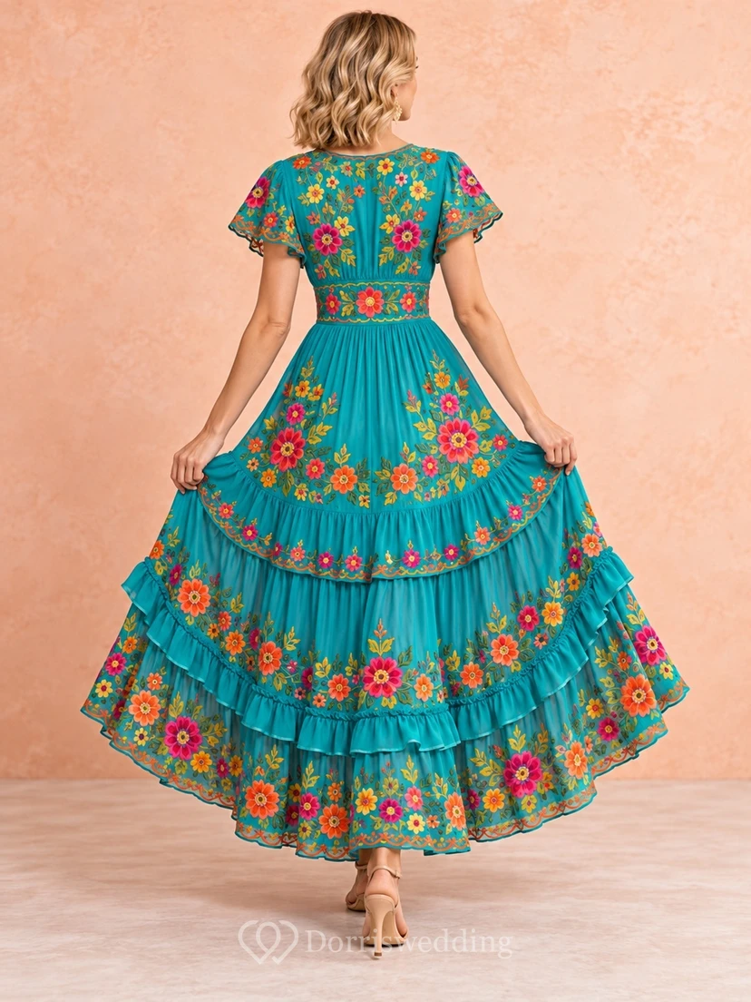 Cumbia Turquoise V Neck Multicolor Floral Embroidered Ruffled Folk Dress view 2