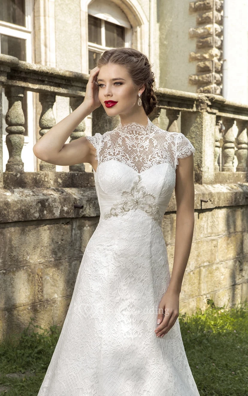 High Neck Cap Sleeve Backless Lace Dress With Crystal Detailing  view 2