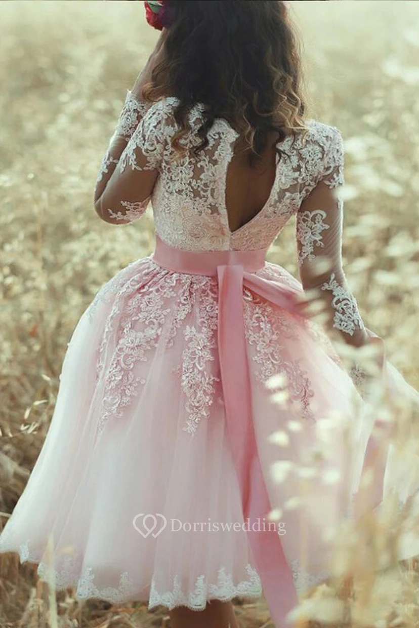 A-line Long Sleeve Lace V-neck Low-V Back Knee-length Homecoming Dress view 2