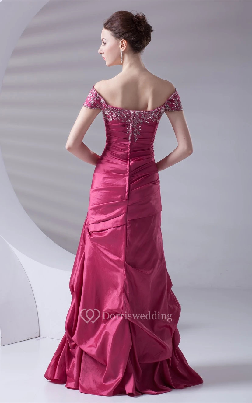 Caped-Sleeve Pick-Up A-Line Taffeta Gown With Embroideries view 8