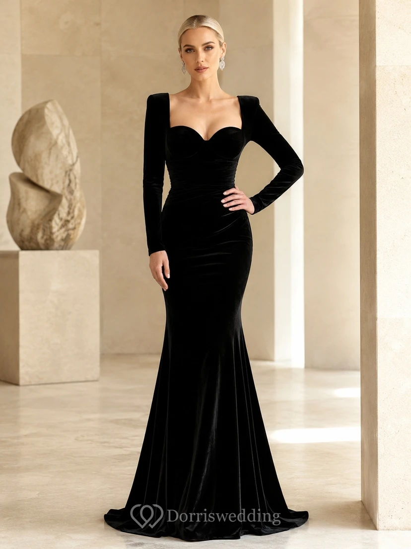Black Sweetheart Long Sleeve Jersey Mermaid Evening Formal Gown