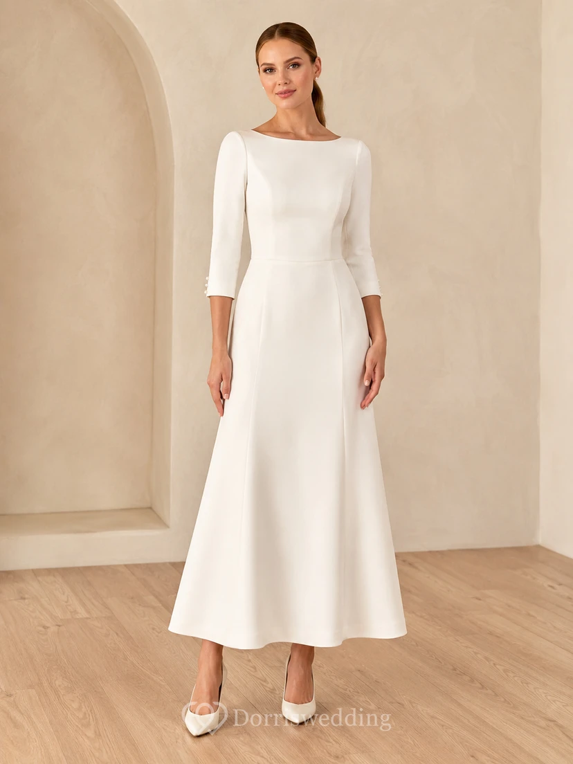Modest Bateau Three Quarter Sleeve Satin A Line Tea Length Civil Wedding Dress
